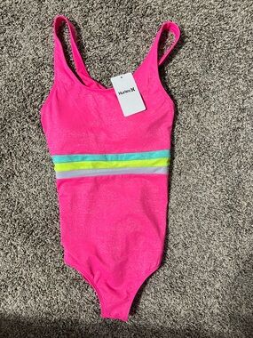 Hurley Hot Pink Girls' One-Piece Swimsuit with Neon Stripe Detail